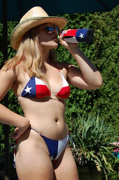 Texas flag string bikini 980088 with Texas insulated bottle koozie and straw hat