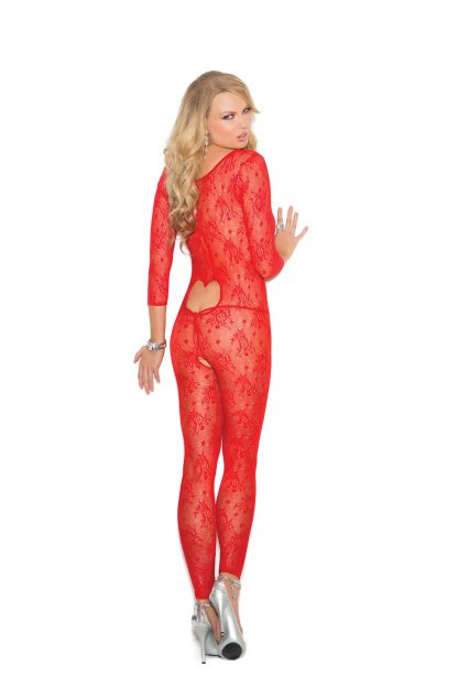 back of Long sleeve red lace bodystocking with open heart insert
