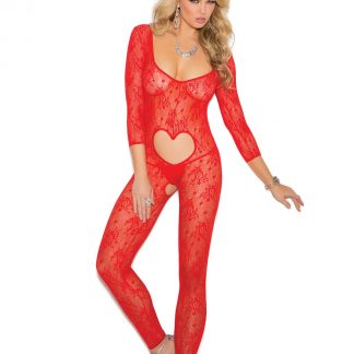 Long sleeve footless red lace bodystocking with open heart insert 1635