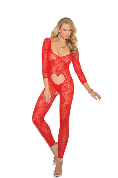 Long sleeve footless red lace bodystocking with open heart insert 1635