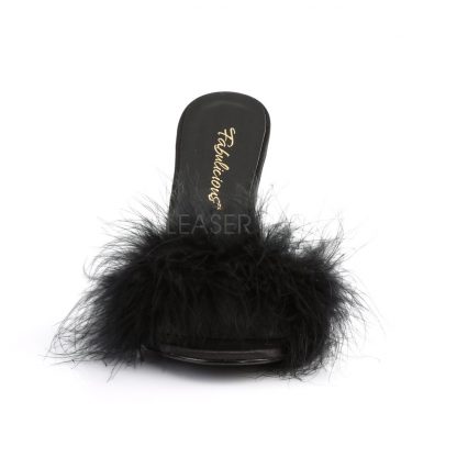 front of black Marabou feather slipper with 4-inch heel Classique-01F