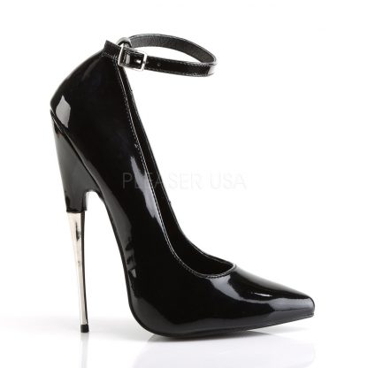 side view of black Fetish ankle strap pumps with steel 6-inch heels Scream-12