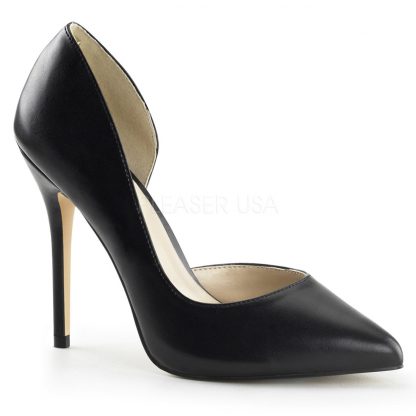 side view Open-sided black faux leather pump shoe with 5-inch heel Amuse-22