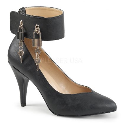 black faux leather wide band locking ankle strap pumps with 4-inch Dream-432