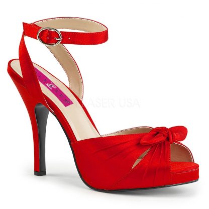red platform ankle strap sandal with bow accent and 5-inch heel Eve-01