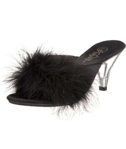 black Fuzzy feather trim classic slippers with 3 inch clear heels Belle-301F