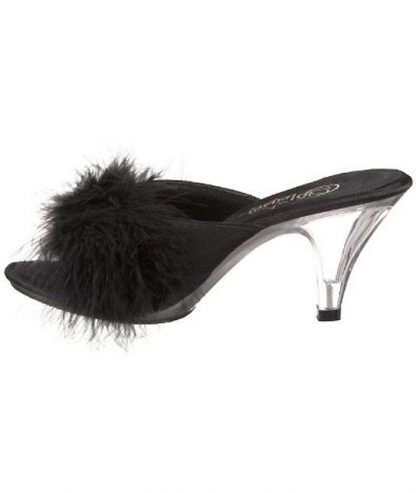 side view Fuzzy black feather trim slippers with 3 inch heels Belle-301F