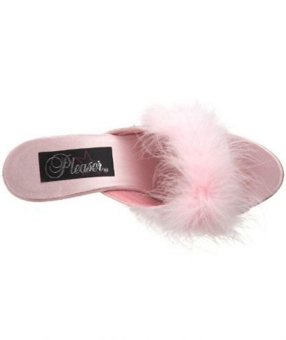 top of Fuzzy baby pink feather trim slippers with 3 inch heels Belle-301F