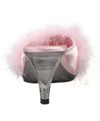 back of Fuzzy pink feather trim slippers with 3 inch heels Belle-301F