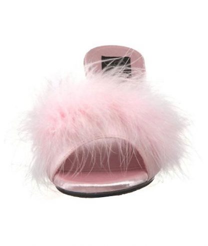 front of Fuzzy baby pink feather trim slippers with 3 inch heels Belle-301F