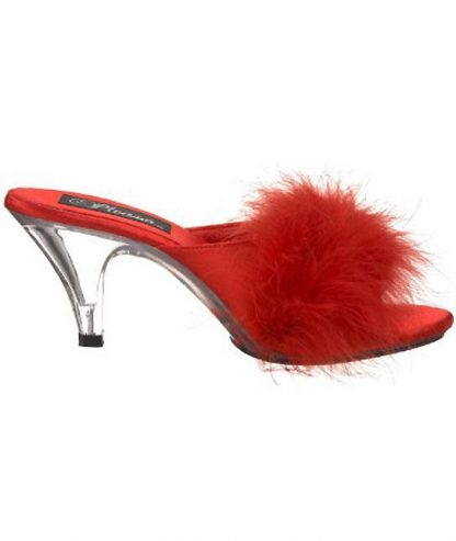 side view Fuzzy red feather trim slippers with 3 inch heels Belle-301F