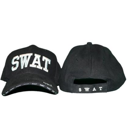 black hat with embroidered white SWAT on front, in back and on bill of cap