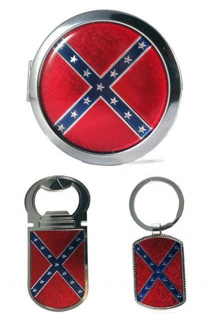 Rebel Confederate flag round pocket mirror, bottle opener and keyring