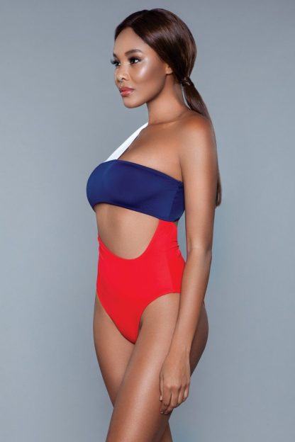 side view of Red, White and Blue One-Piece Swimsuit 1973